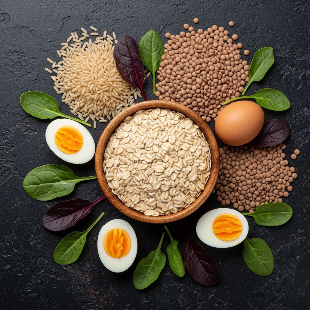 Overhead arrangement of whole grain foods including oats in a wooden bowl, brown rice, lentils, eggs and dark leafy greens on a dark textured surface, representing natural B-vitamin food sources