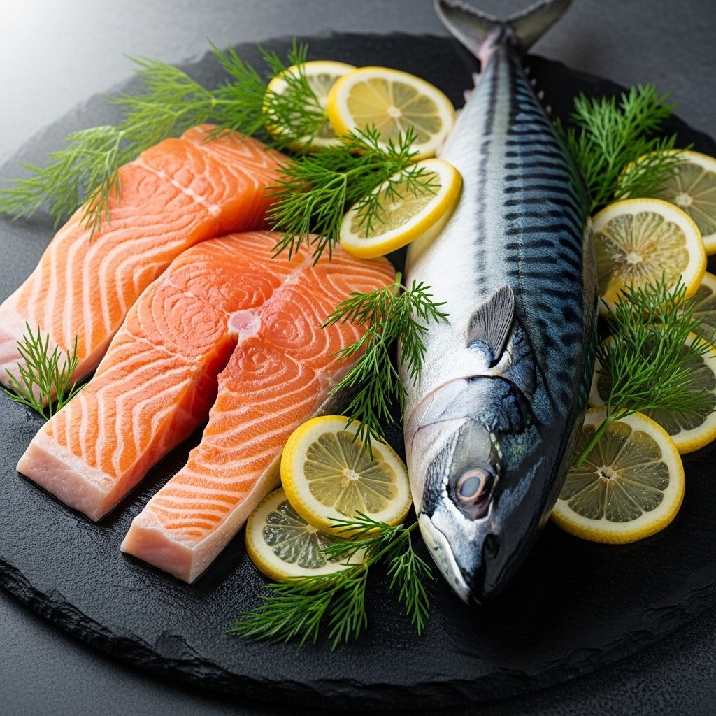 Whole fresh mackerel and salmon fillets arranged on a dark stone plate with sliced lemon and fresh dill, seafood ingredients representing natural omega-3 fatty acid sources in a professional food photography style