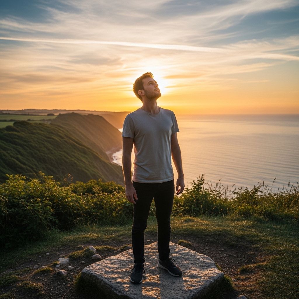Man standing on an open coastal cliff at sunrise with arms relaxed at his sides, face turned upward toward natural sunlight, wearing casual clothing, sea and green landscape in background