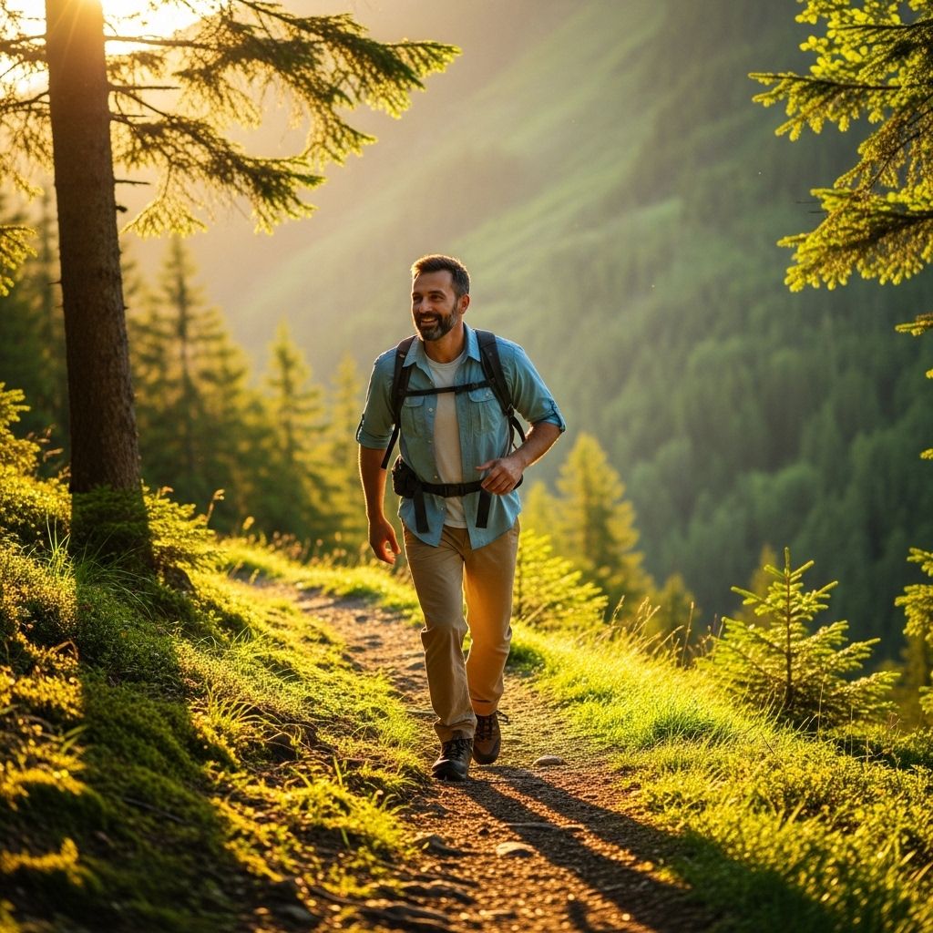 Mature man of about 45 years old hiking on a green mountain trail during golden hour, wearing casual outdoor clothing, looking healthy and energetic with sunlight filtering through trees