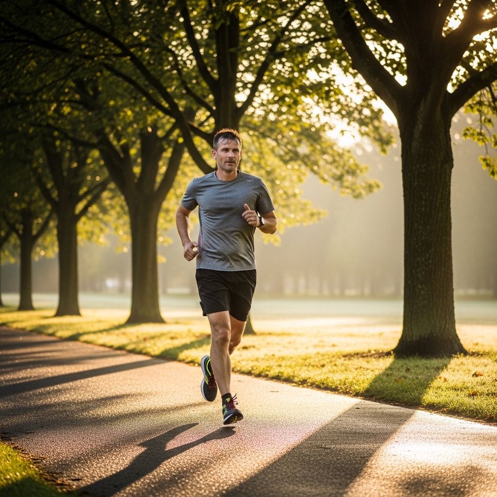 Man in his 40s jogging along a tree-lined park path early in the morning, wearing athletic wear, natural light, no gym equipment or clinical settings visible
